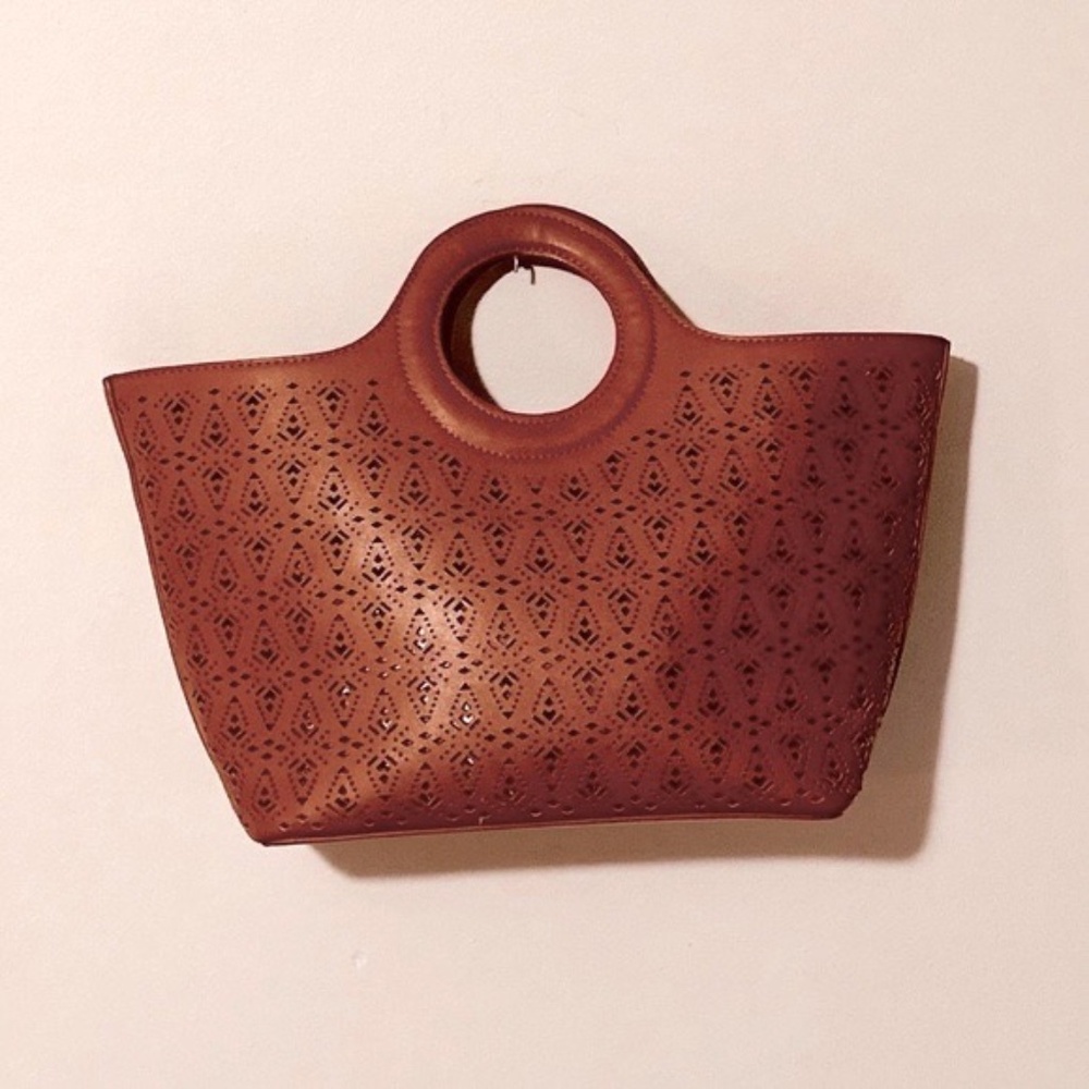 Free People Laser Cut 2 Way Crossbody Tote Bag in Cognac Brown